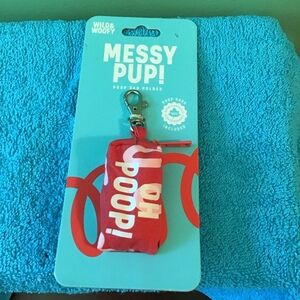 Wild and Woofy Messy Pup Poop Bag Holder with Bags Included Red Oh Poop Print